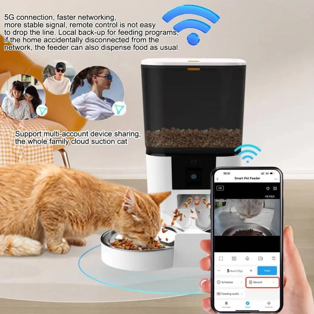 Smart Automatic Cat Feeder with 1080P HD Camera & Night Vision - Pet Feeder, 2-Way Audio, 5G WiFi, App Control, Dual Food Trays