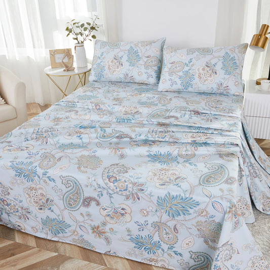 4 Pieces 600 TC Egyptian Cotton Fitted Sheet Set Vintage Classic Blue Boho Damask Paisley Soft Skin Friendly