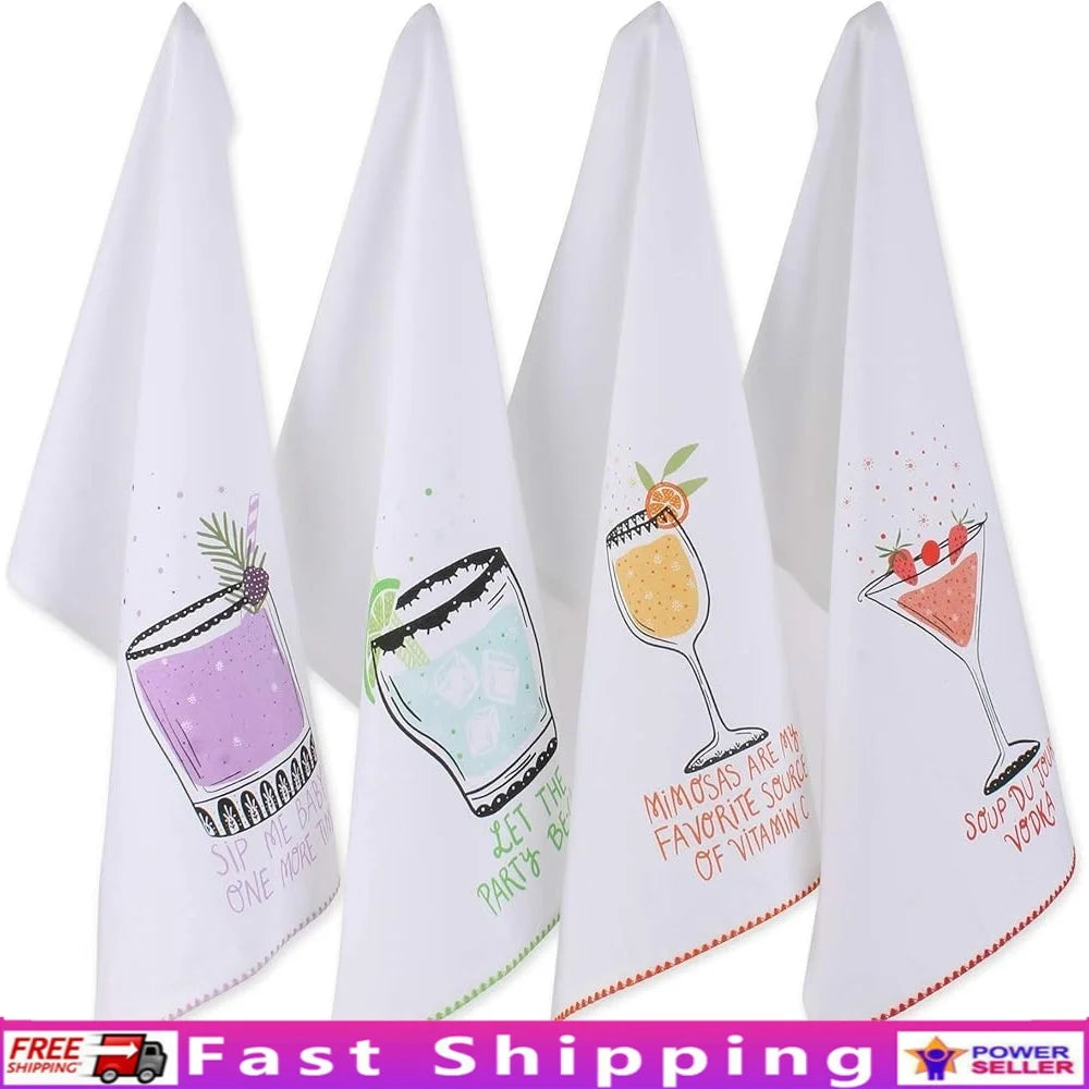 Absorbent Fast-Drying Kitchen Towels Set 4 Piece Decorative Cotton Dishtowels Fun Design Parties Home Decor 18x28 Inches
