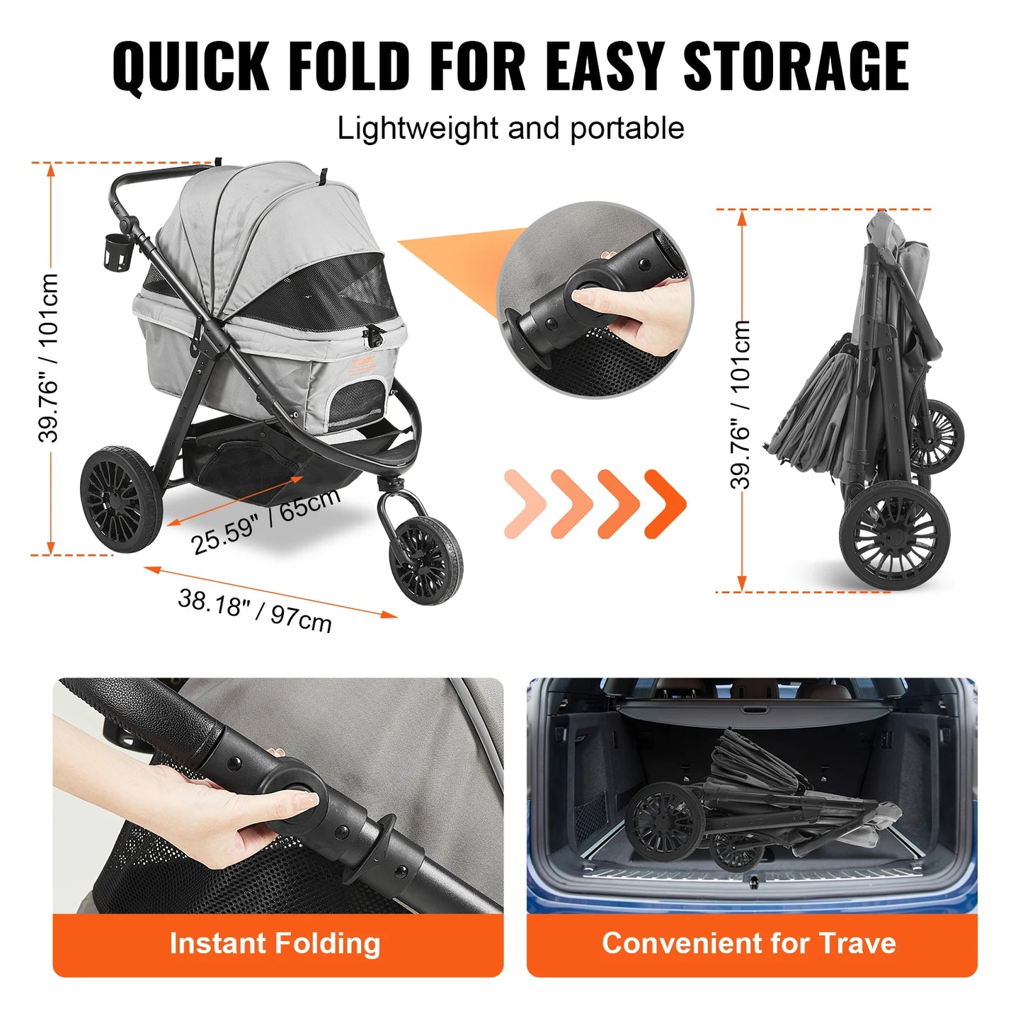 VEVOR Lightweight Pet Stroller Carrier for Dogs and Cats with Brakes Travel Friendly Design and Cup Holder
