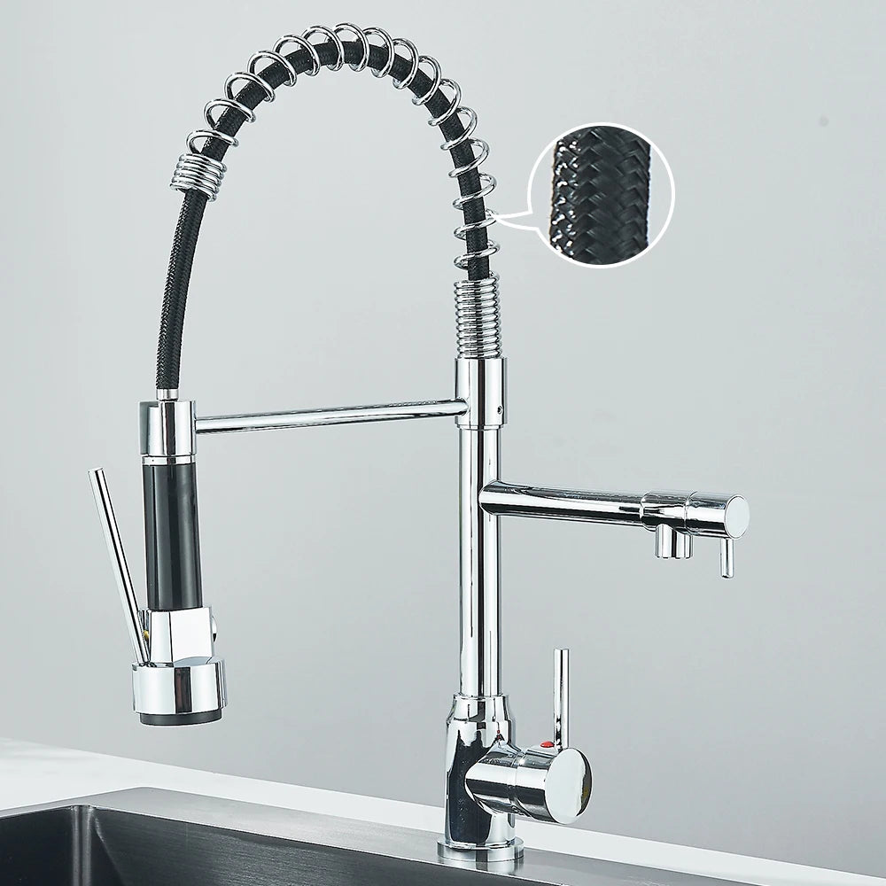 Pull Down Spring Kitchen Faucet Single Lever Hot Cold Mixer Water Dual Spout Nozzle Stainless Steel