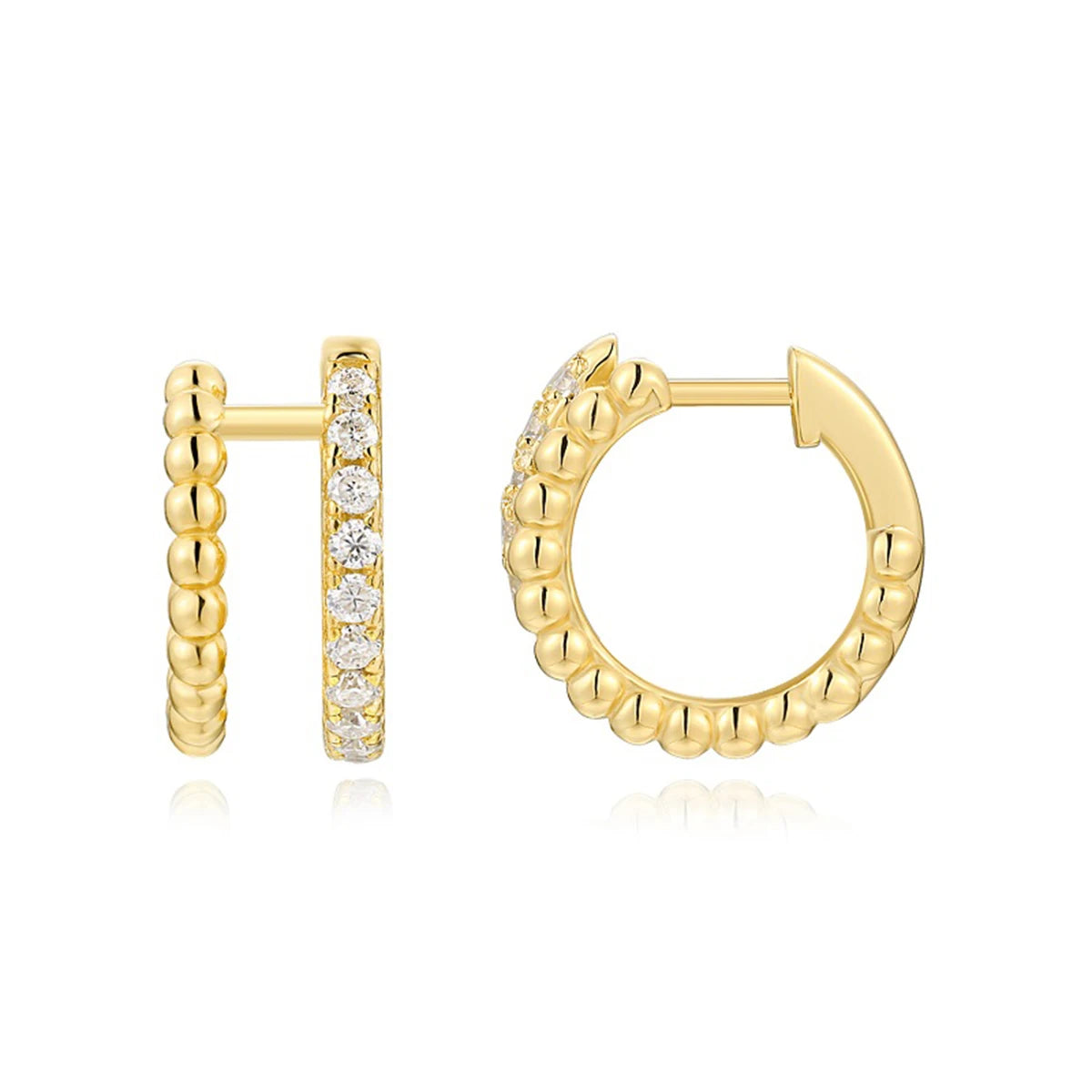 1pcs Gold Hoop Earrings 925 Sterling Silver 18K Gold Plated Beaded Design with CZ Stones for Women Jewelry Gift