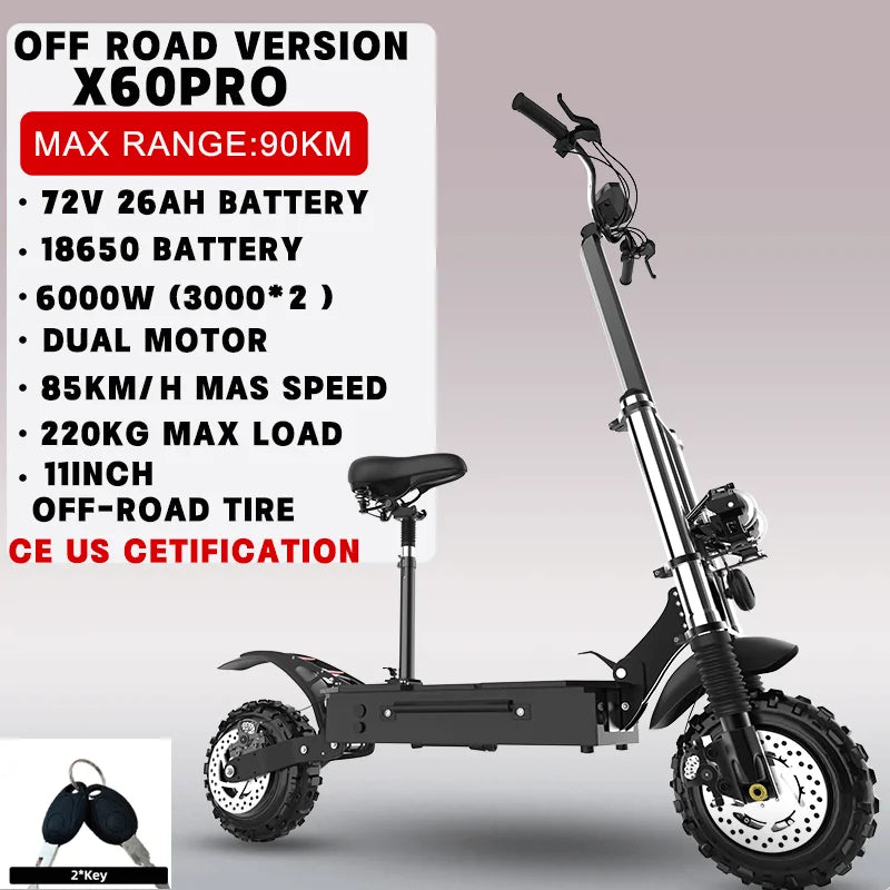 [6 Types ]Electric Scooter for Adults Single/Dual Motors Max6000W 85KM/H 72V 30Ah Battery 100KM Range 11" Tubeless Off-Road Tire