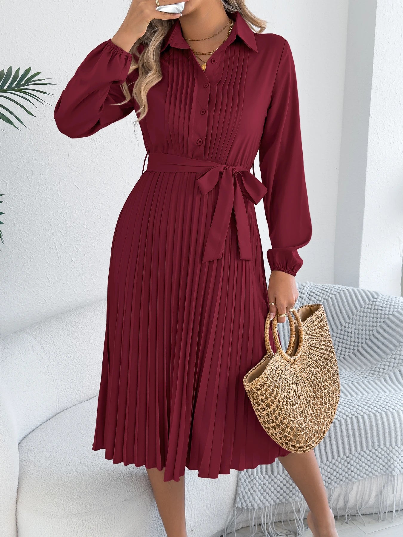 Elegant Maxi Dress for Autumn Winter Lapel Tie Waist Solid Color Long Sleeve Dresses Green Khaki Red Woman Clothing 2025