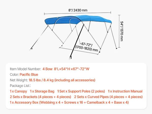 VEVOR 4 Bow Boat Bimini Tops 600D Polyester Canopy with Aluminum Alloy Frame Waterproof & Sun Shade Boat Awning Canopy Grey/Blue