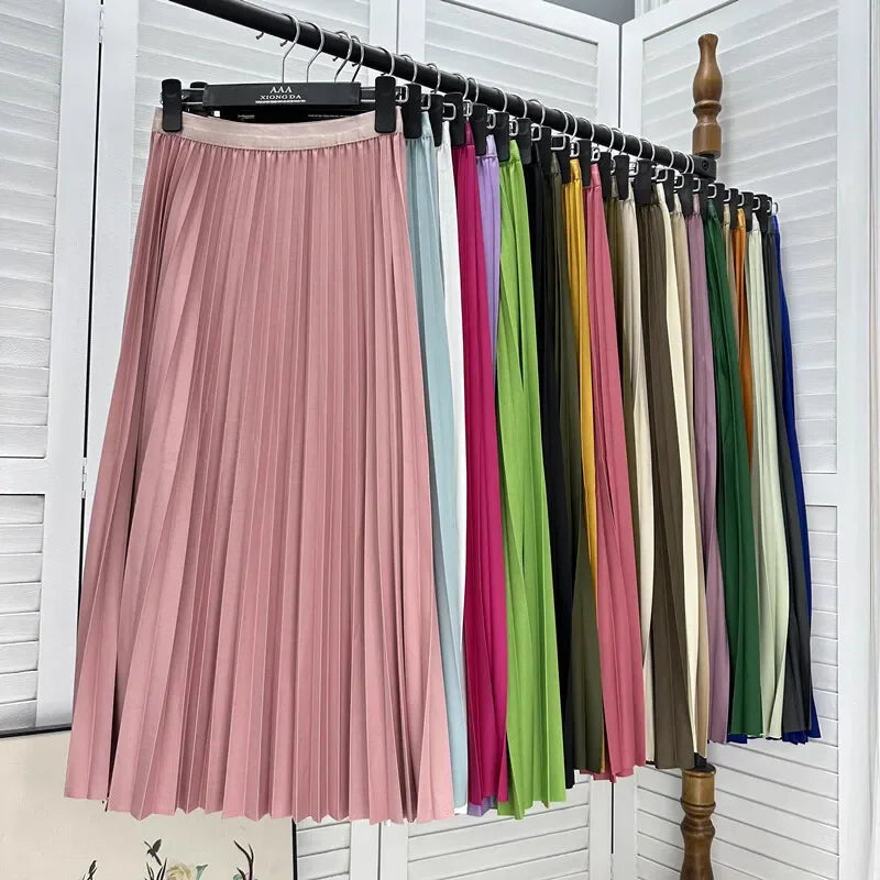 2025 Women Elegant Pleated Skirt High Waist Women Mid-long Skirt Female Ladies High Quality Women Midi Skirt Black Saia