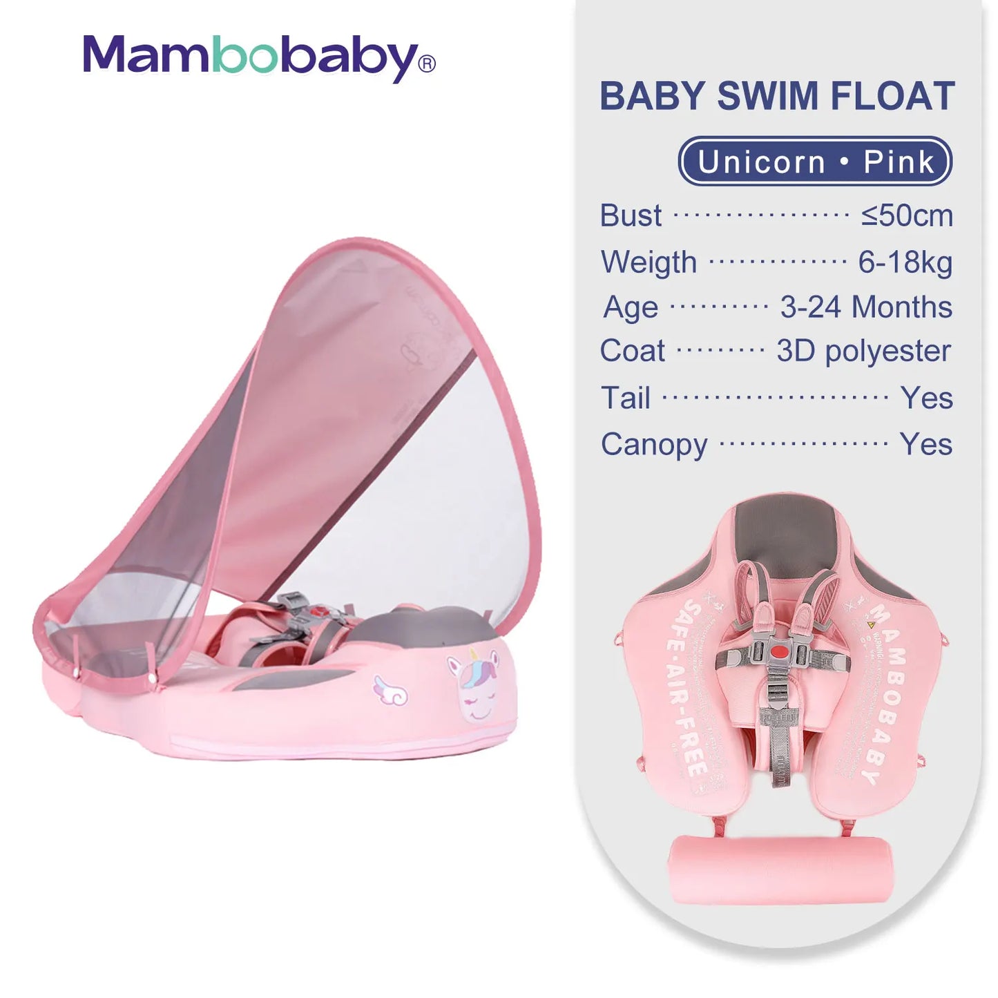 Mambobaby Baby Float with Sunshade Canopy and Crotch Strap Inflatable Safe Core Swimming Pool Accessory