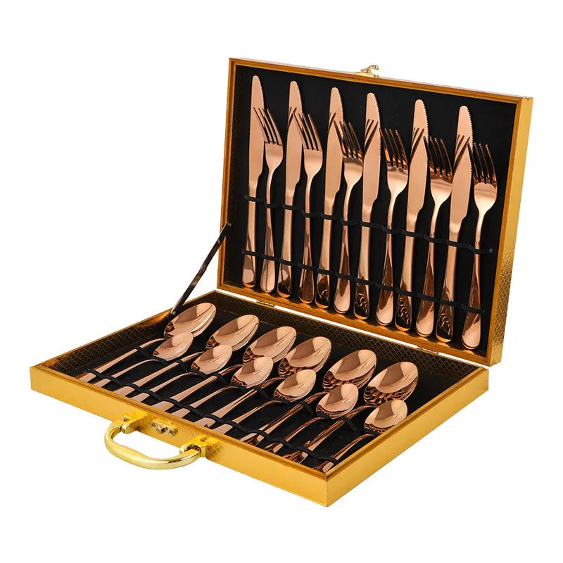 Stainless Steel Tableware Set of 24 Pieces, Wooden Box, Western Tableware with Four Main Items Knife, Fork and Spoon