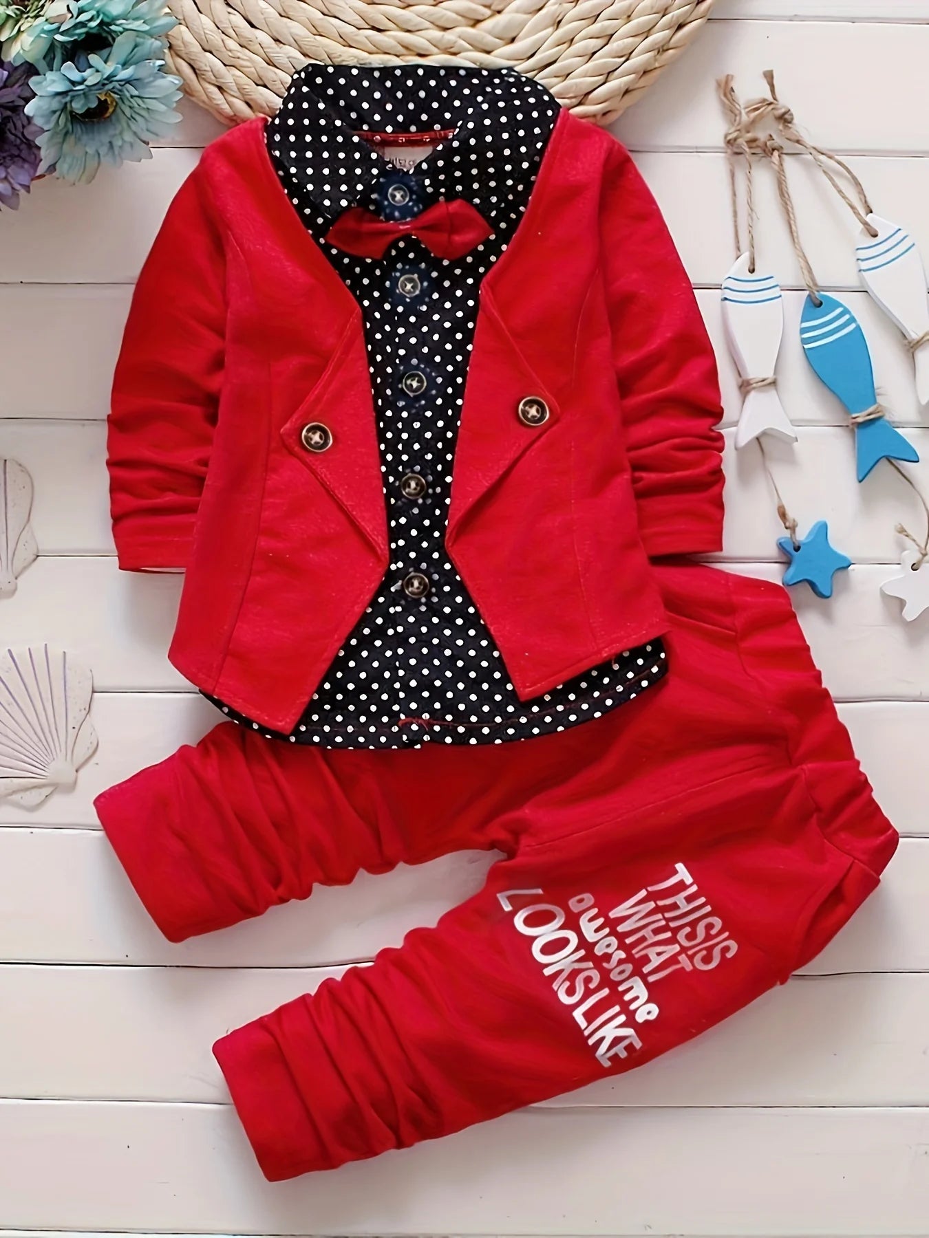 New Spring and Autumn Boys' Fashion Casual Polka Dot Leads Fake Two piece Top, Men's Baby Pants Two piece Set