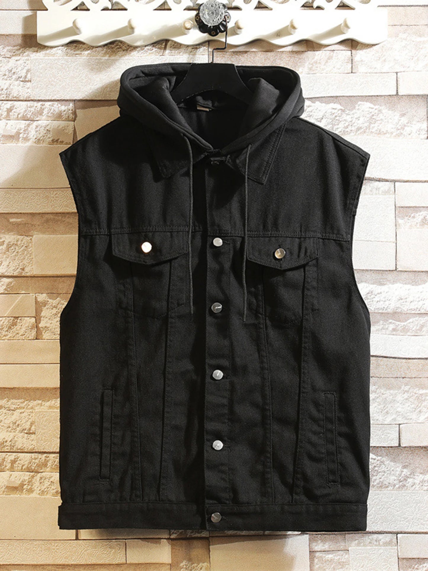Men s Sleeveless Denim Vest with Hood and Pockets Casual Button Up Contrast Color Jean Jacket for Warmth and Style