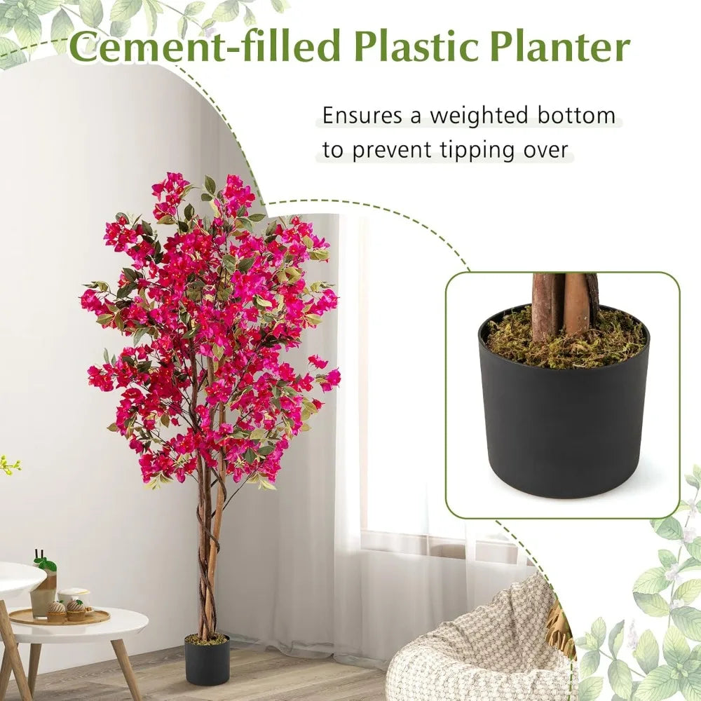 6-Foot Bougainvillea Artificial Trees, Set of 2 with 910 Flowers and 105 Leaves, Real Wood Trunk, Tall Faux Flower Trees in Pot