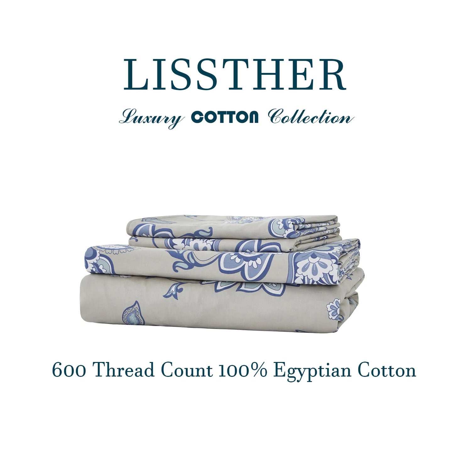 4 Pieces 600TC 100 Percent Egyptian Cotton Sheet Set Blue Boho Damask Paisley Floral Soft Skin Friendly