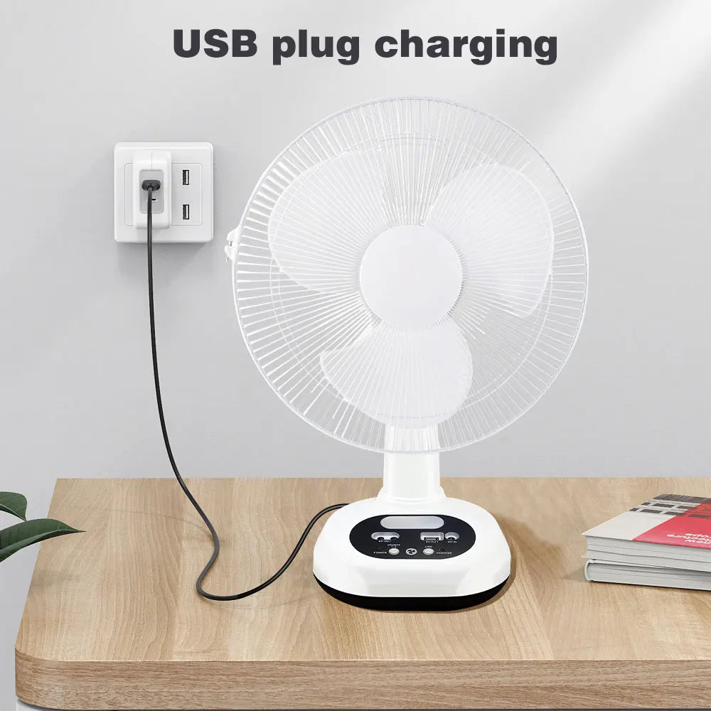 Solar Rechargeable Portable Cold Air Fan Outdoor Floor Table Desk Fan with LED Light and 2 Speed Remote Control for Bedroom