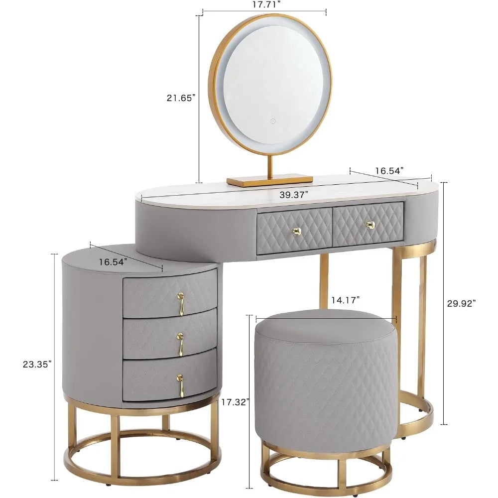 Faux Leather Makeup Vanity Desk Set with LED Lighted Mirror Luxury Dressing Table with Storage Drawers and Vanity Stool Gray