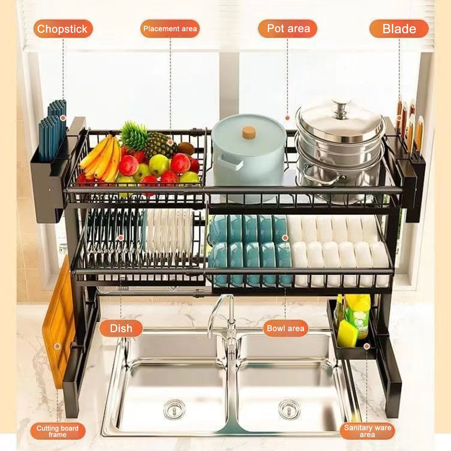 2 Tier Kitchen Storage Shelf Above Sink Stretchable Bowl Draining Rack Multifunctional Dish Knife Spoon Organizer Set