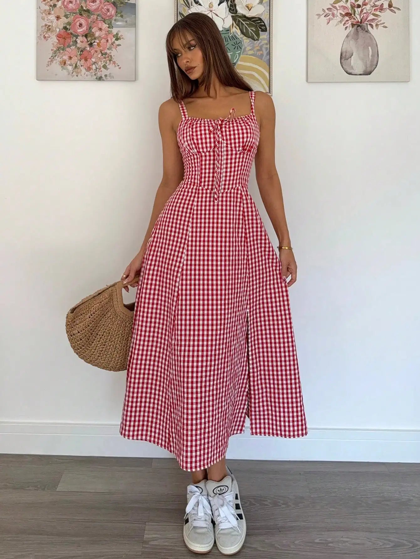 Red Gingham Women's Mid-Calf Dress with Spaghetti Straps, Casual Summer Style, Cotton Comfortable Fit