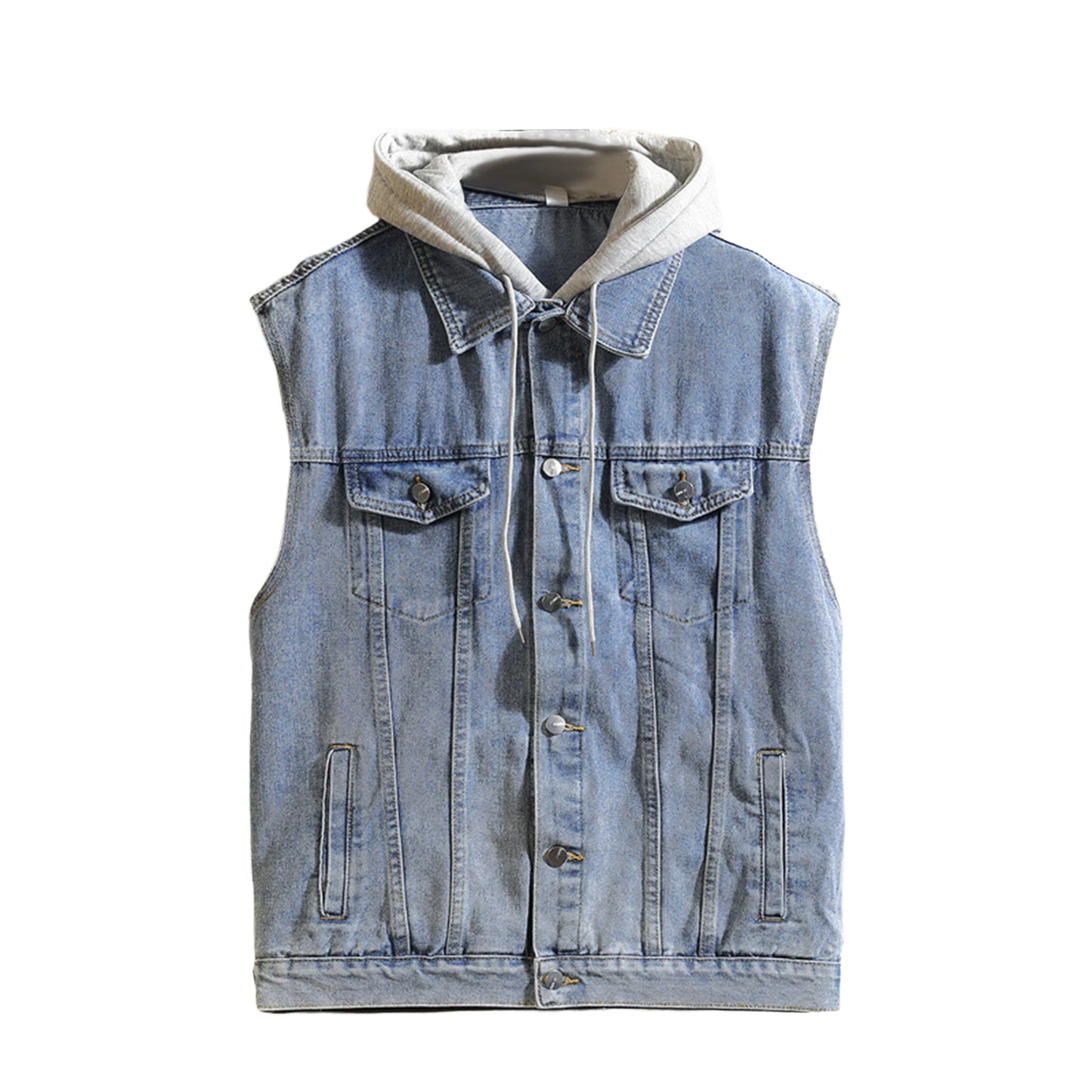 Men s Sleeveless Denim Vest with Hood and Pockets Casual Button Up Contrast Color Jean Jacket for Warmth and Style