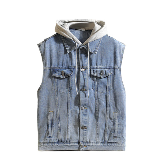 Men s Sleeveless Denim Vest with Hood and Pockets Casual Button Up Contrast Color Jean Jacket for Warmth and Style
