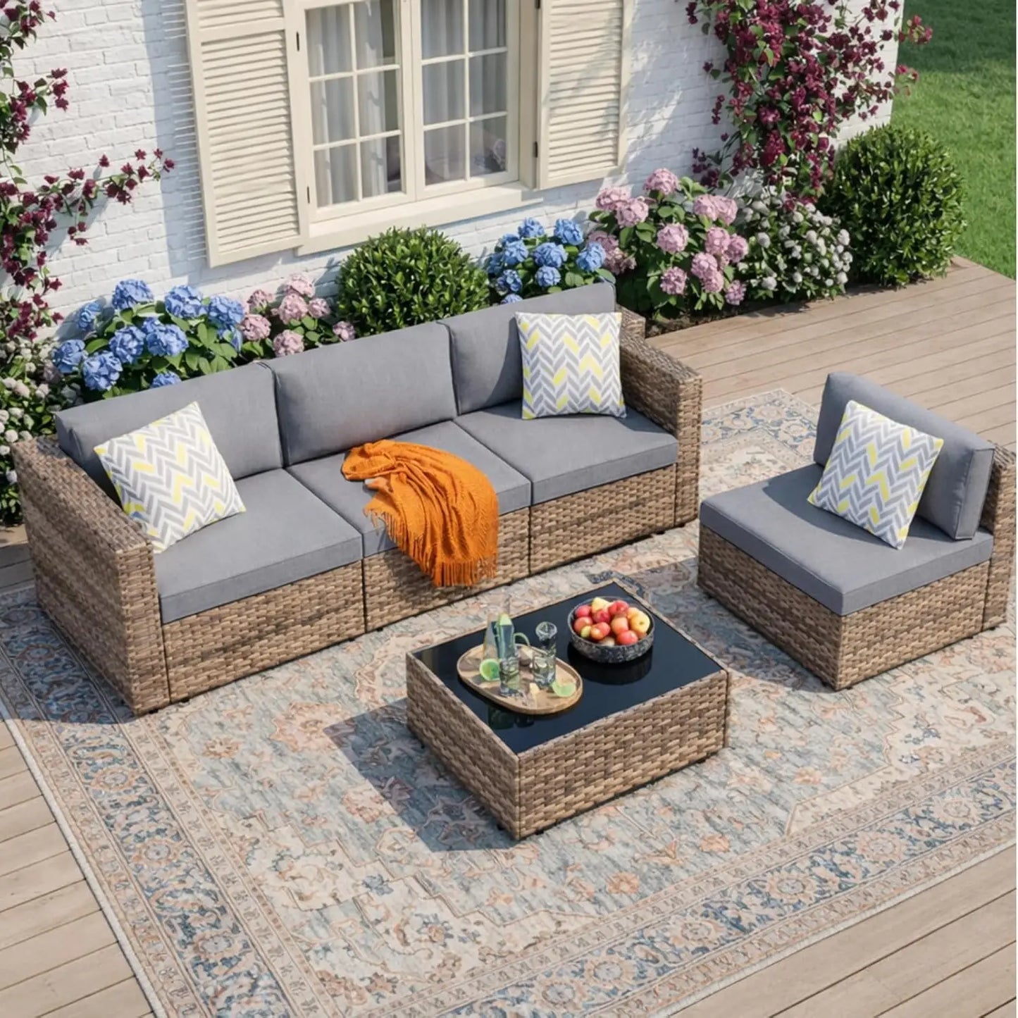 Patio Furniture Sets, 5-Piece Outdoor Patio Furniture with Thick Cushions, Wicker Outdoor Conversation Set, Customized