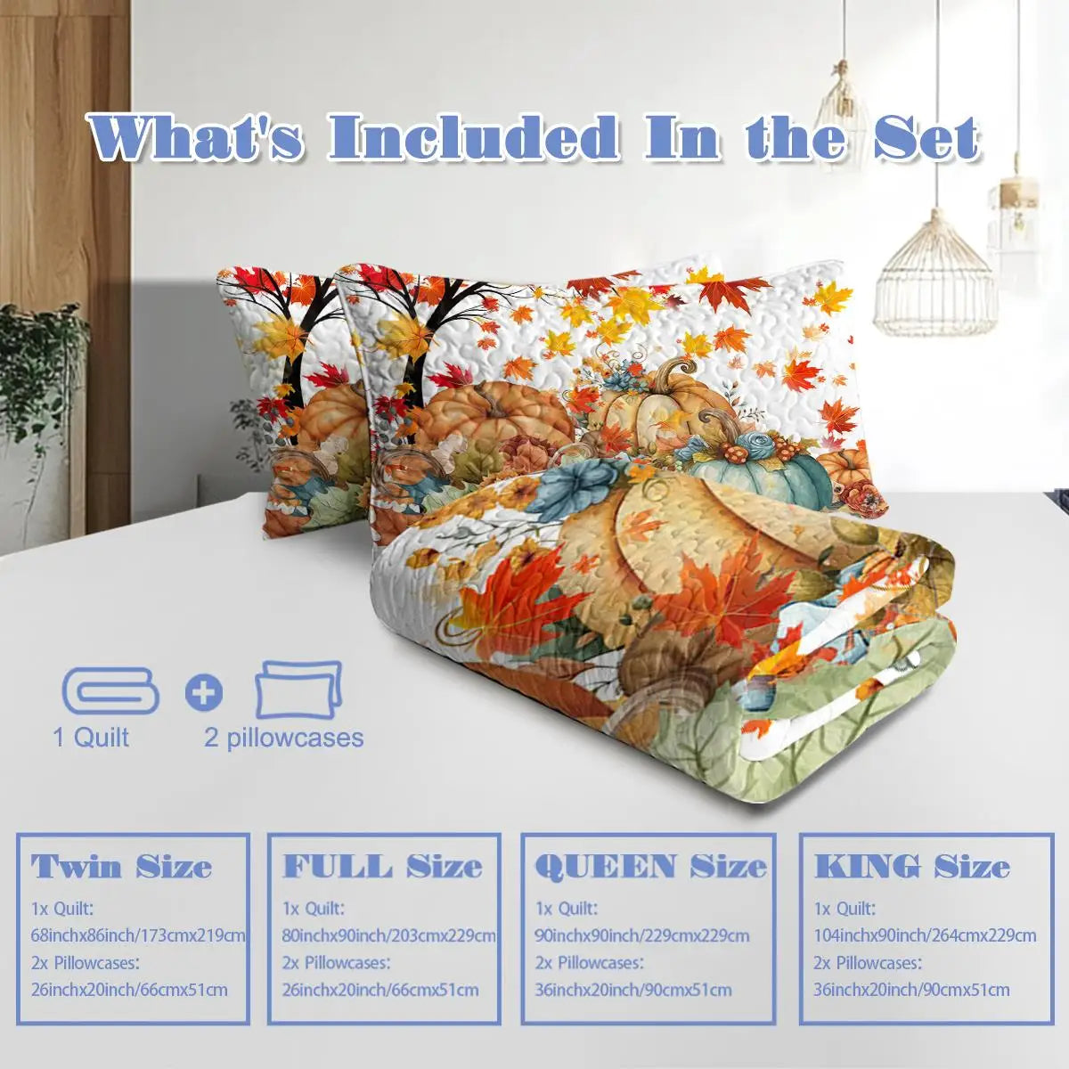 Colorful Pumpkin Oil Painting Quilt Set - 3 Piece Queen Bedding with 2 Pillowcases for Fall and Thanksgiving Gift