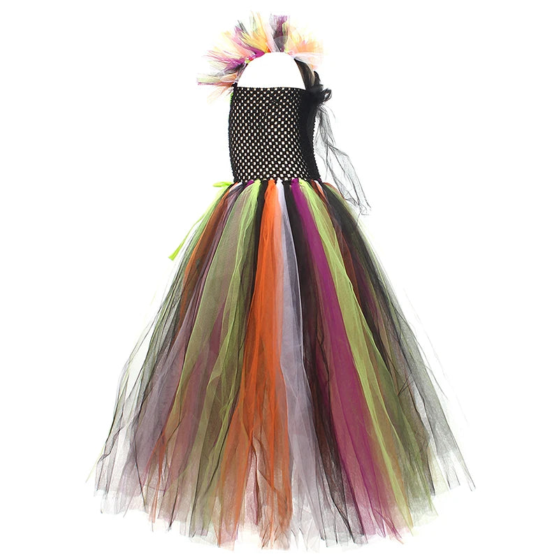 Kids Halloween Witch Costume Set with Tulle Dress Cross Tie Up Design Witch Hat and Broomstick for Cosplay Party