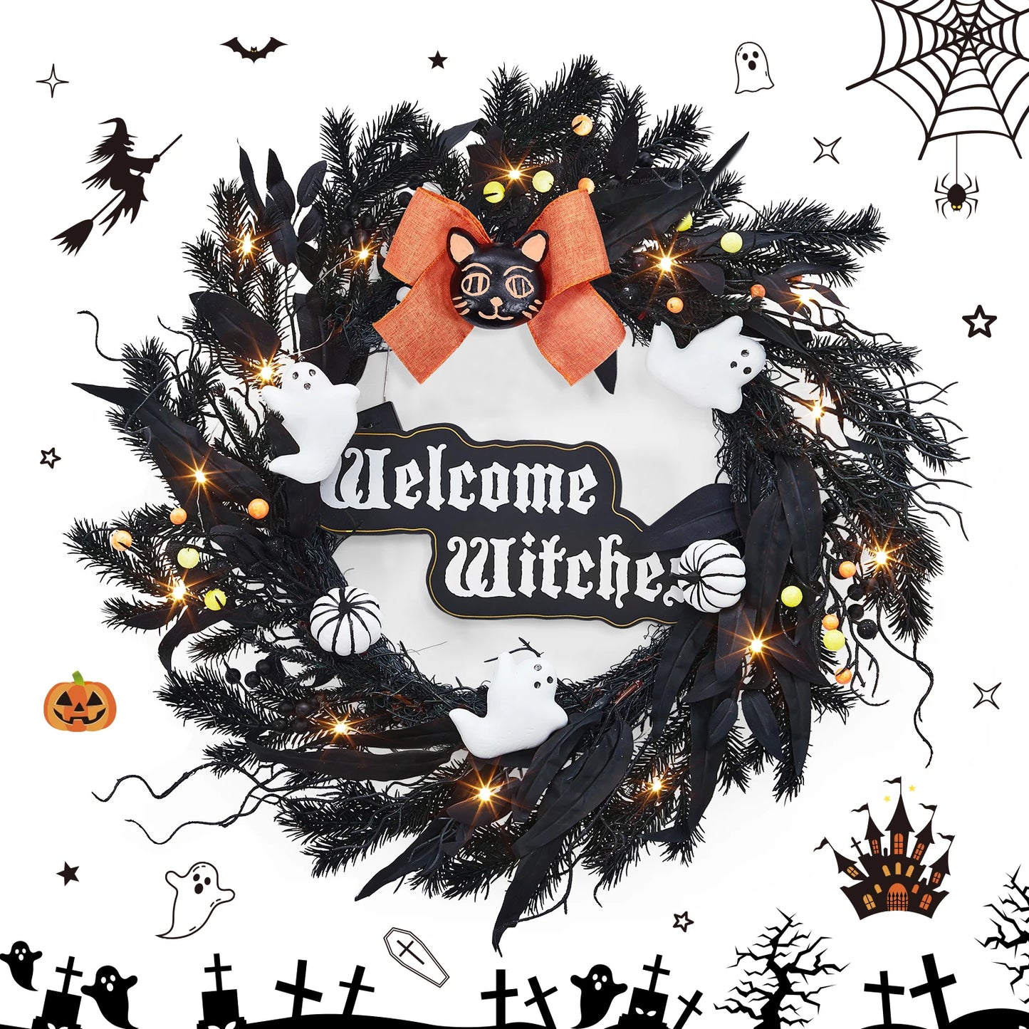 Halloween Wreath for Front Door 22 Inch Black Cat White Ghost Pumpkin and Welcome Witches Sign
