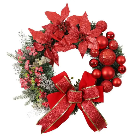 45CM Christmas Front Door Wreath Artificial Pine Needle Winter Wreaths Poinsettia Flowers Holiday Wreath with Ball Ornaments
