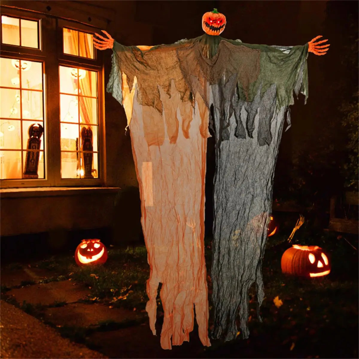 6FT Bendable Pumpkin Ghost Halloween Decoration with Hanging Arms and Red LED Lights for Spooky Party Decor