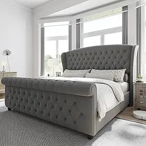 AMERLIFE Queen Size Platform Bed Frame: Chenille Upholstered Elegance with Scroll Wingback Headboard and Button Tufted Details