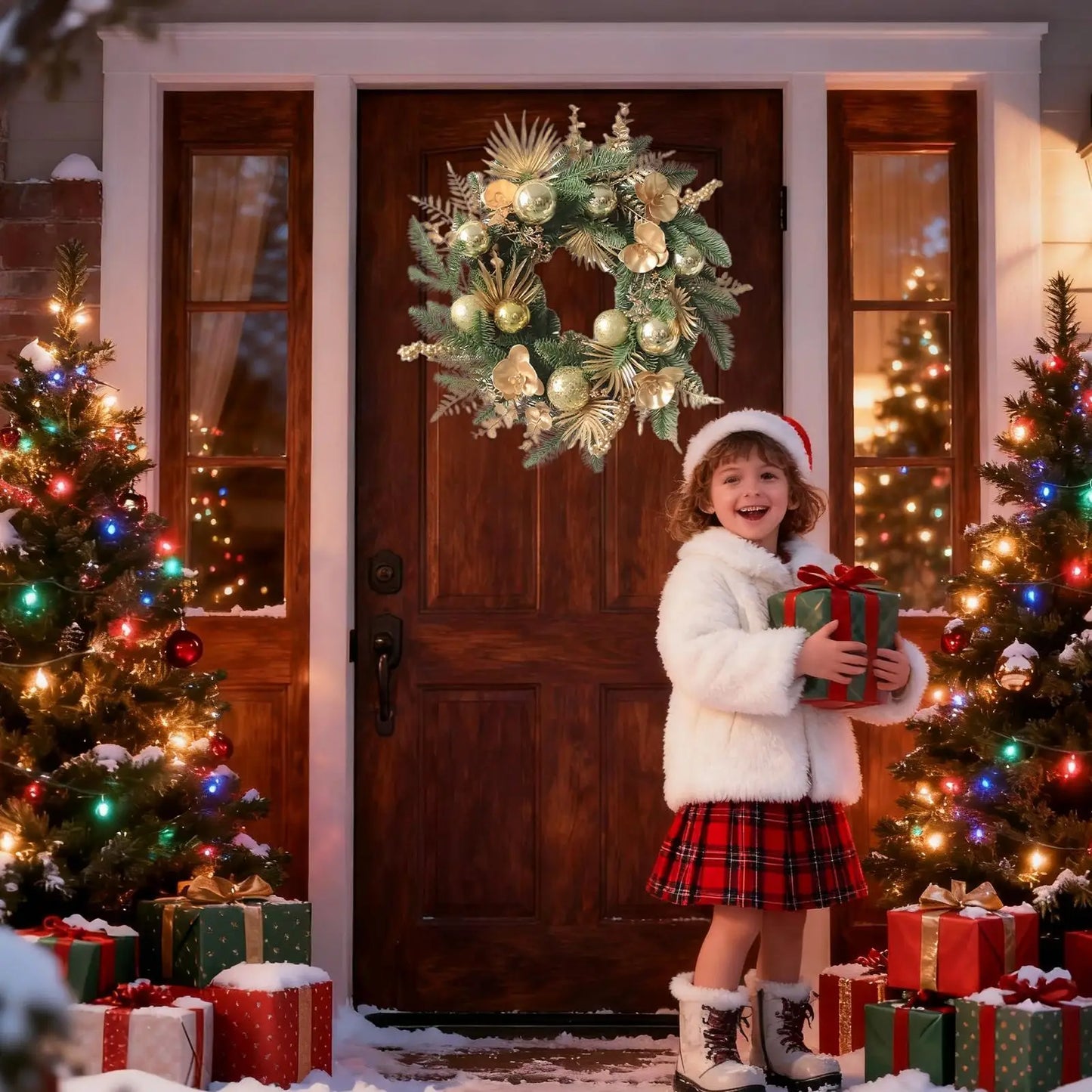 Christmas Wreath Outdoor 19 Inch Winter Christmas Decorations Golden Ball Pine Front Door Wreath for Wall Fireplace Bedroom