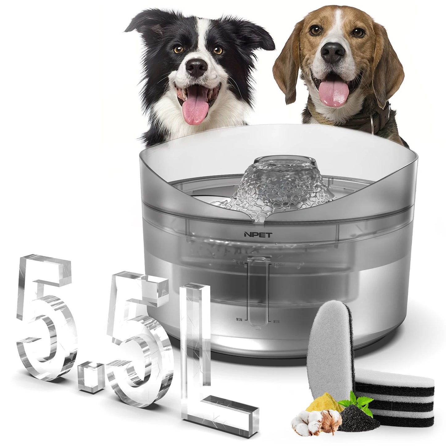 NPET 1.4gal Large Automatic Dog Water Fountain With Splatter Guard 3 Layer Filtration Suitable For Dogs Cats And Multiple Pets