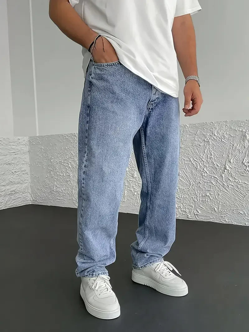 Men's Classic Straight-Leg Jeans - Casual Street Style, Non-Stretch Denim, Solid Color, All-Season Wear, Cotton Blend