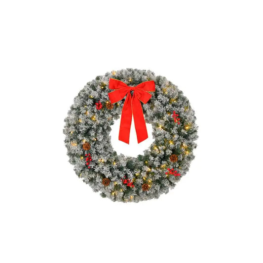 24" Pre-lit Battery Op Wreath w/Remote, Snow Flocked Xmas Wreath w/50 Warm Lights, 180 PVC Tips & Ornaments, Perfect for Front