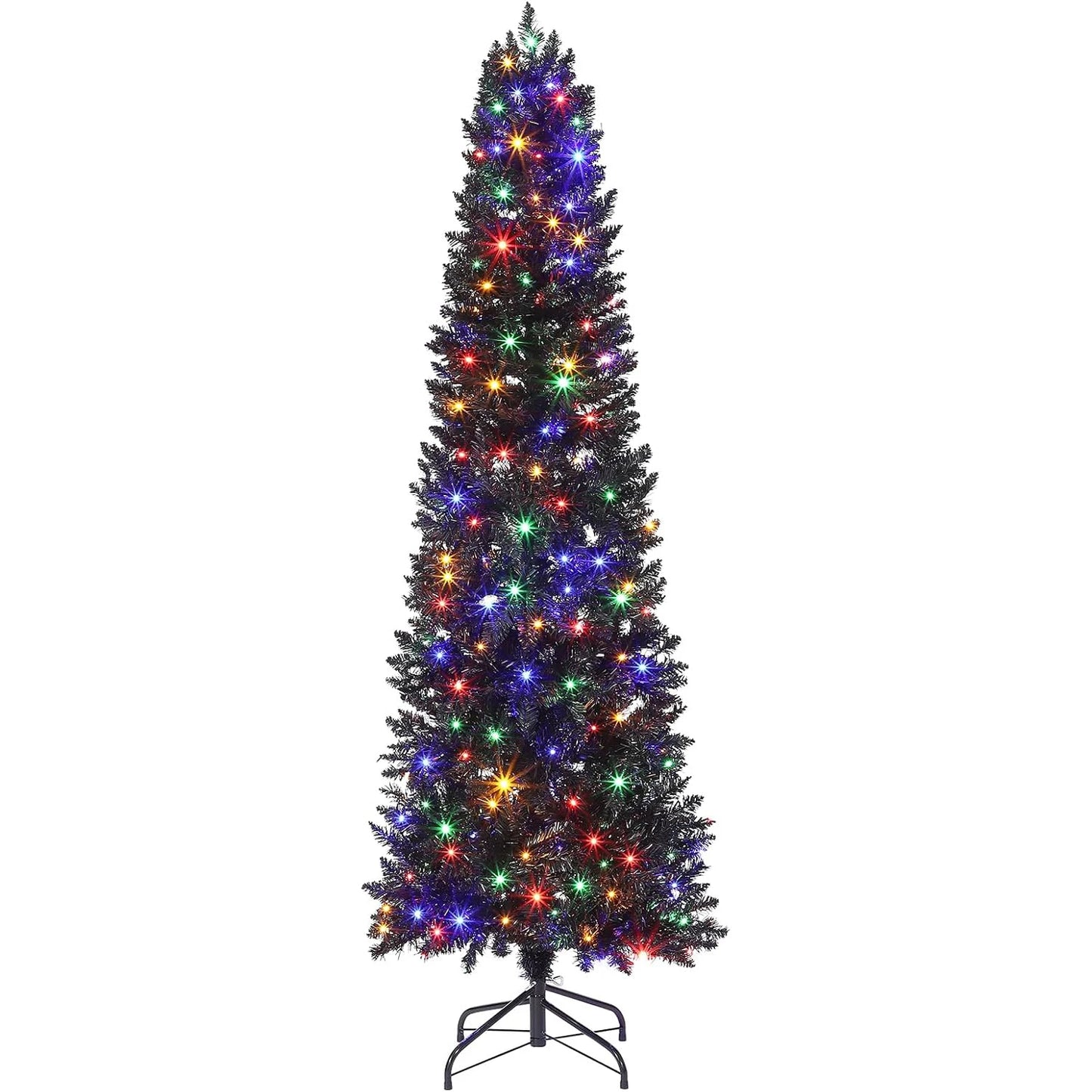 6 Ft Pre-Lit Black Halloween Christmas Tree Slim Artificial Pencil Christmas Tree With 250 Colorful LED Lights 8 Lighting Modes