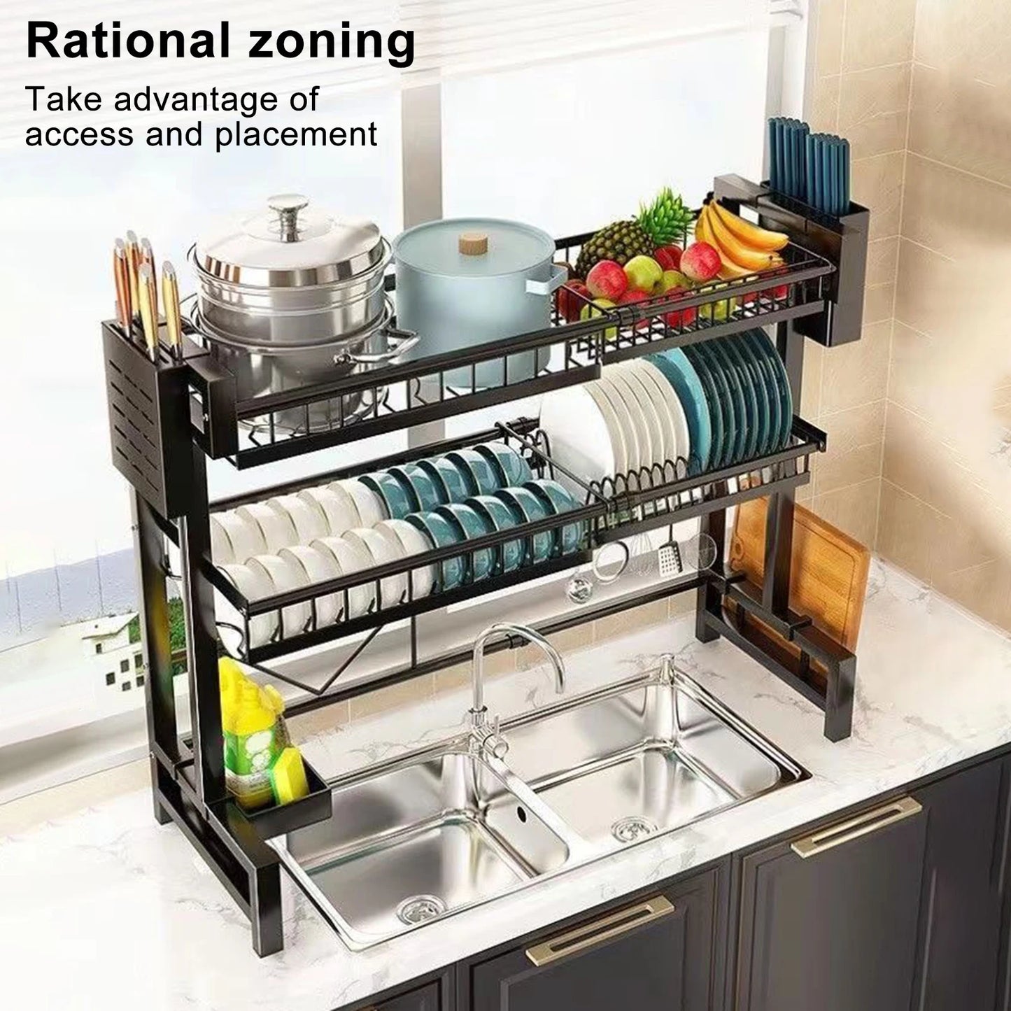 2 Tier Kitchen Storage Shelf Over Sink Stretchable Bowl Draining Rack Multifunctional Dish Knife Spoon Organizer Set