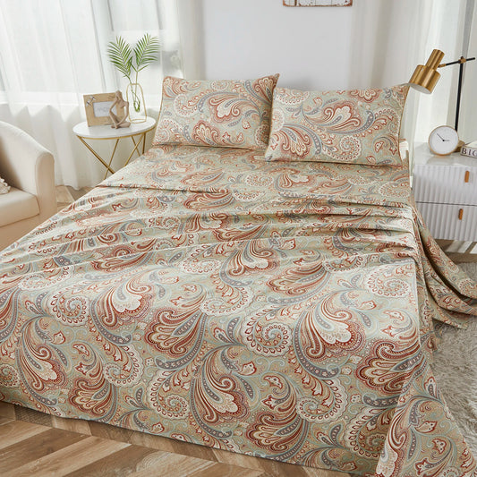 4 Pcs 600TC 100 Percent Egyptian Cotton Fitted Sheet Set Vintage Classic Boho Paisley Soft Breathable Skin Friendly
