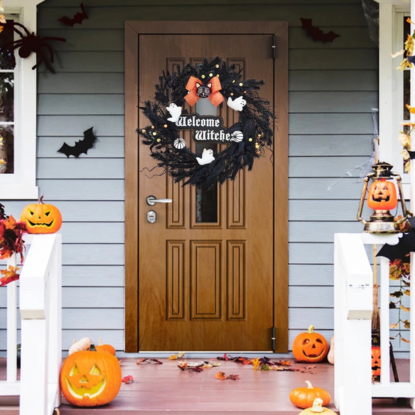 Halloween Wreath for Front Door 22 Inch Black Cat White Ghost Pumpkin and Welcome Witches Sign