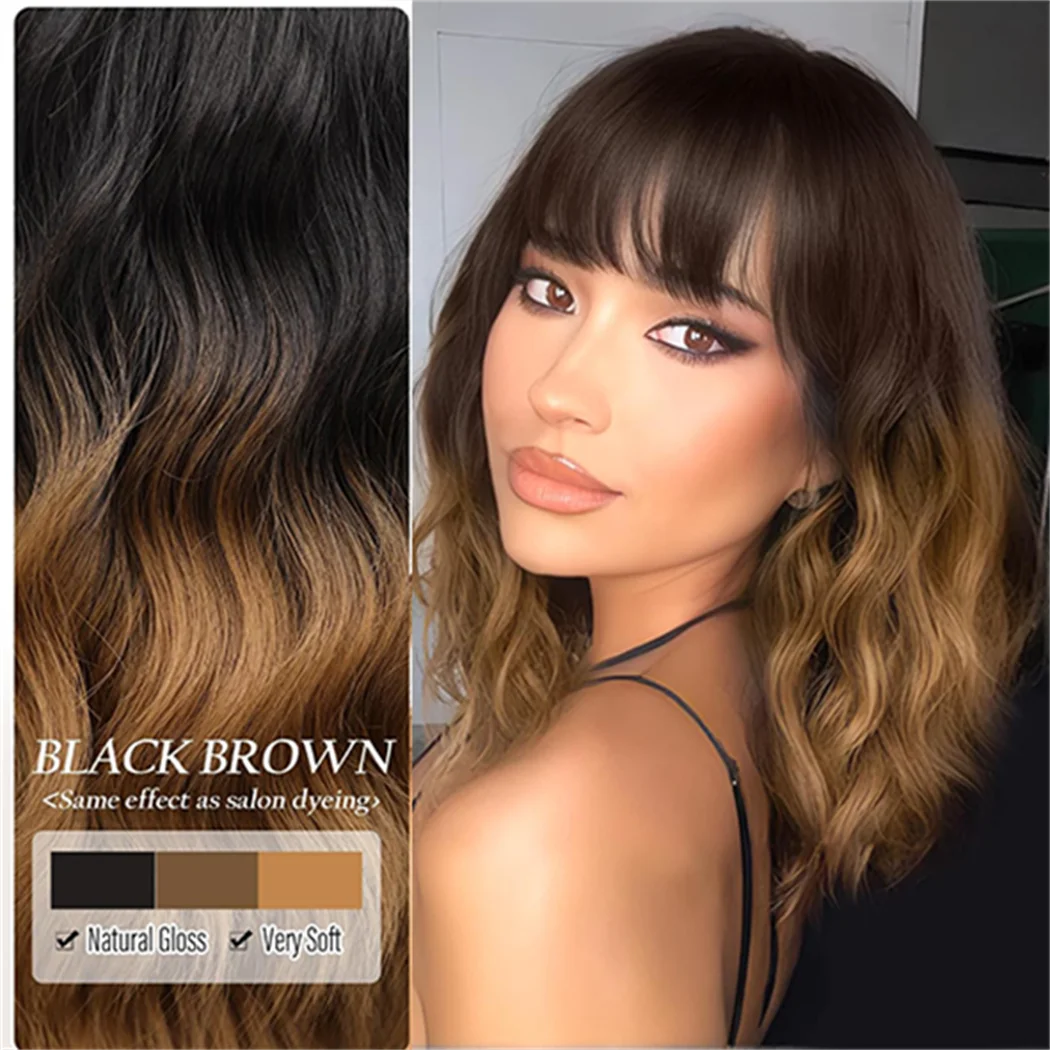 Women Ombre Brown Bob Synthetic Wig Black To Brown Short Wavy With Bangs Shoulder Length Daily Use