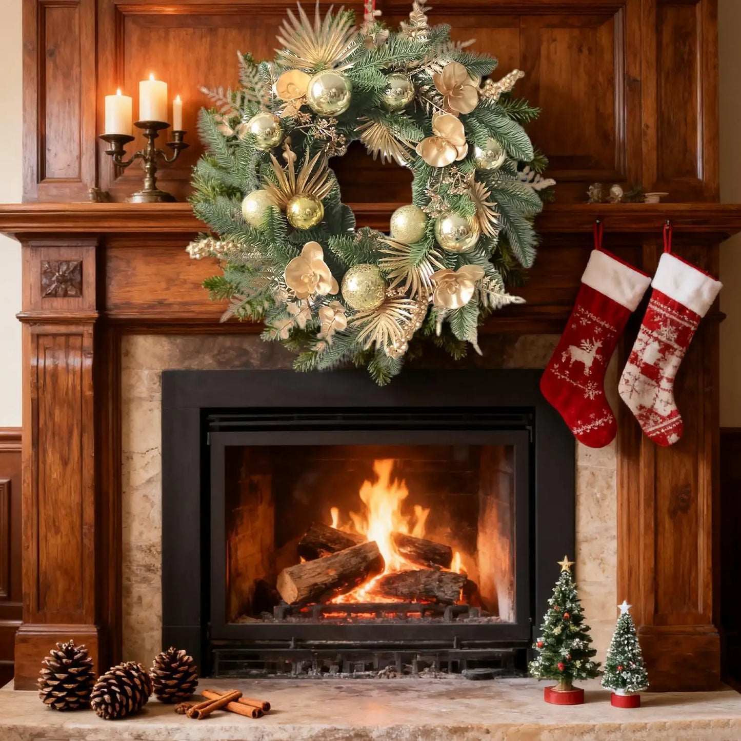 Christmas Wreath Outdoor 19 Inch Winter Christmas Decorations Golden Ball Pine Front Door Wreath for Wall Fireplace Bedroom