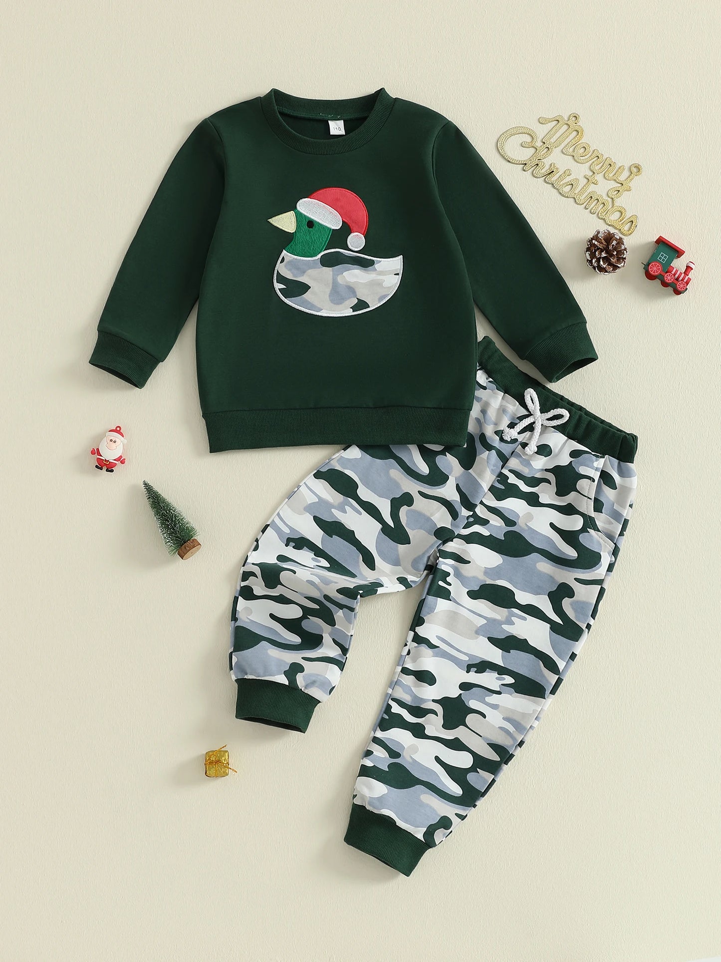 Infant Boys 2-Piece Outfit Set with Festive Duck Embroidery Sweater and Camo Pants for Christmas Celebrations