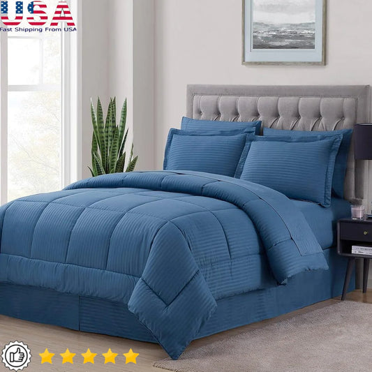 8 Piece King Comforter Set Soft Microfiber Dobby Stripe Design with Comforter Bed Skirt Sheets Pillowcases and Shams