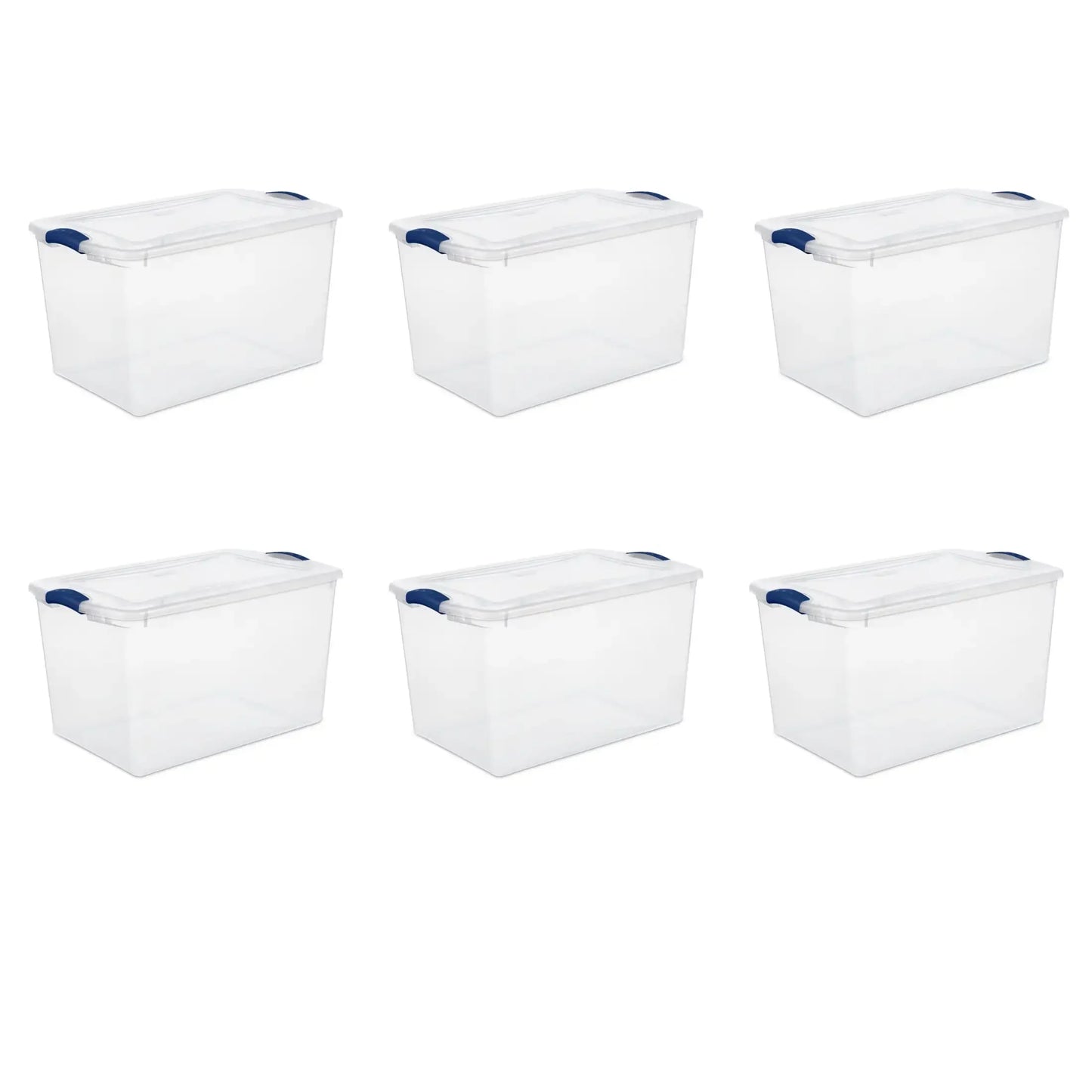 Large Storage Bin 66 Quart Clear Plastic Storage Container with Latch Lid Blue Pack of 6