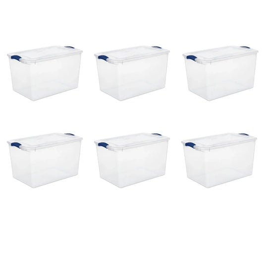 Large Storage Bin 66 Quart Clear Plastic Storage Container with Latch Lid Blue Pack of 6
