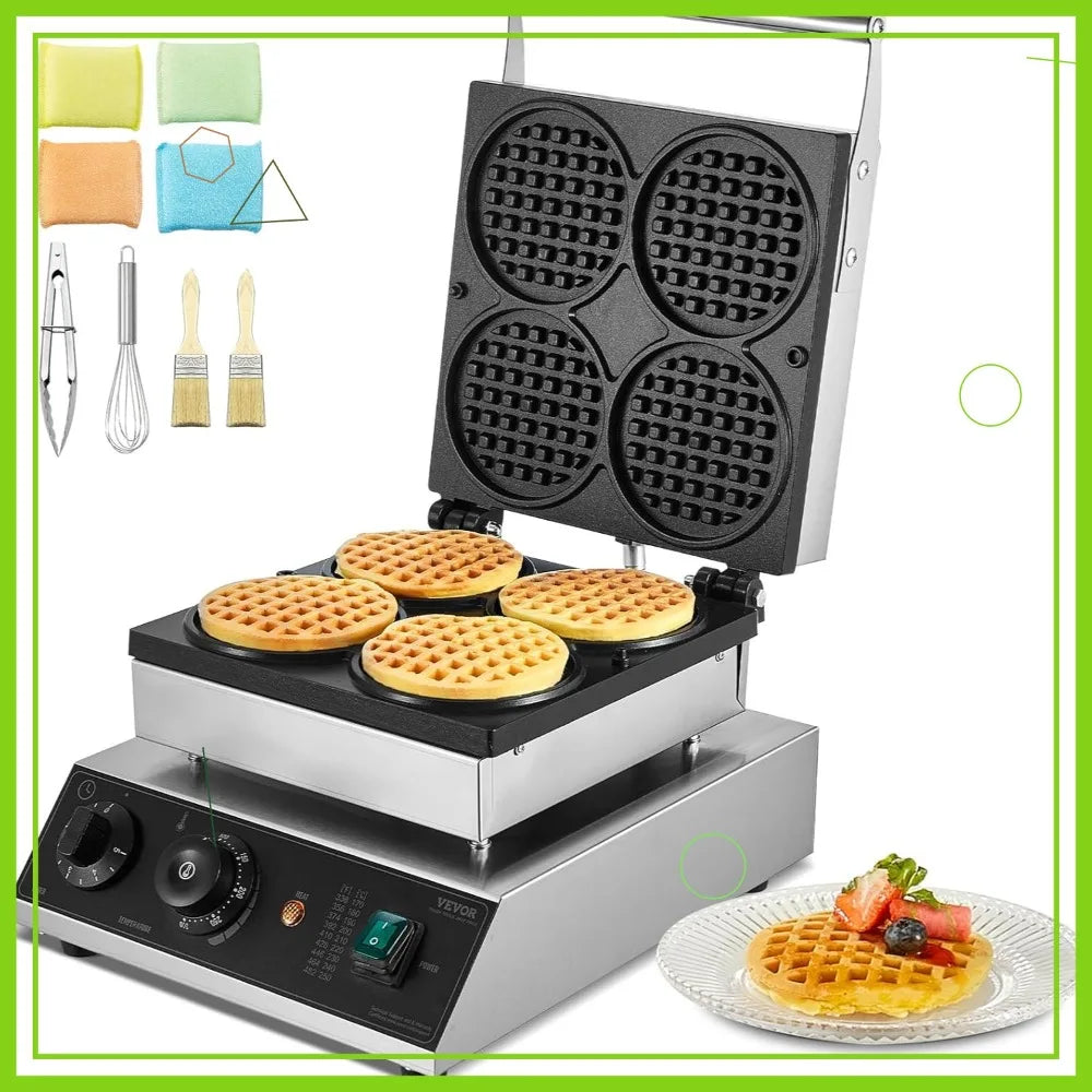 1750W Commercial Waffle Maker 4PCS Round Non-Stick Belgian Waffle Iron with Temperature Time Control for Restaurant Bakery