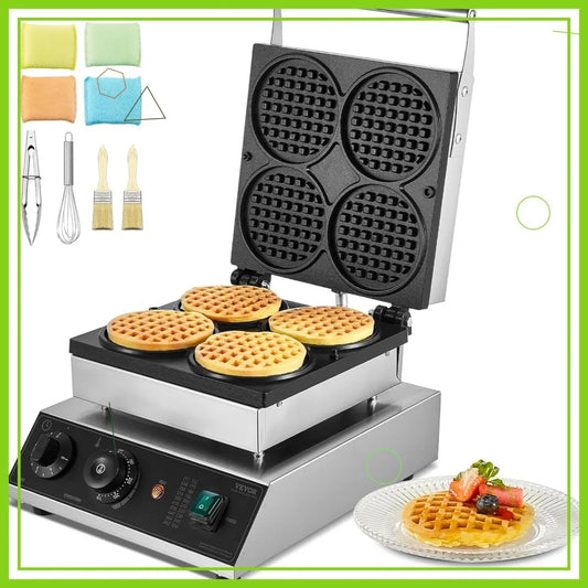 1750W Commercial Waffle Maker 4PCS Round Non-Stick Belgian Waffle Iron with Temperature Time Control for Restaurant Bakery