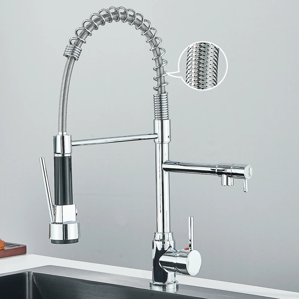Pull Down Spring Kitchen Faucet Single Lever Hot Cold Mixer Water Dual Spout Nozzle Stainless Steel