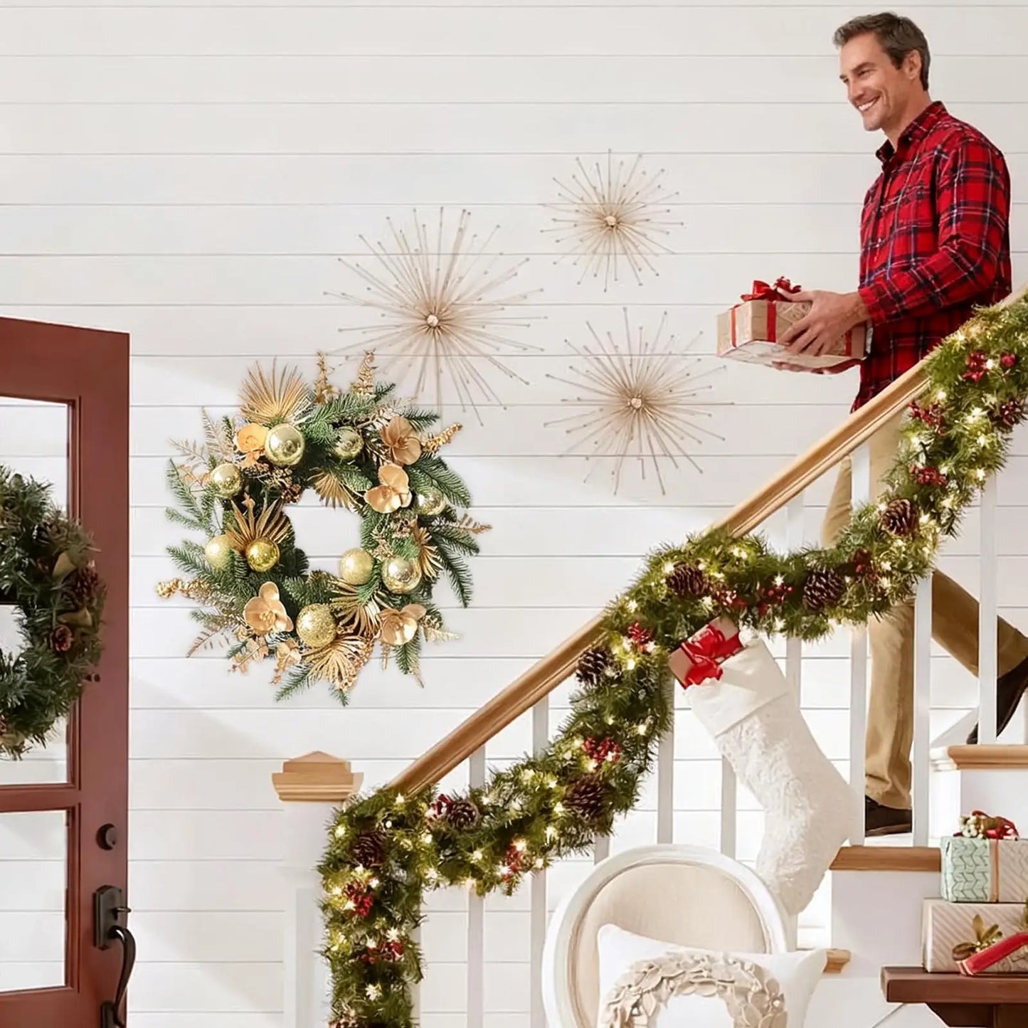 Christmas Wreath Outdoor 19 Inch Winter Christmas Decorations Golden Ball Pine Front Door Wreath for Wall Fireplace Bedroom