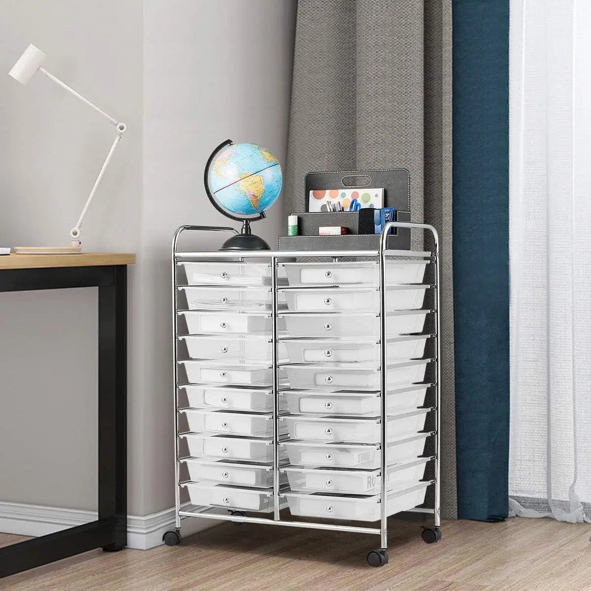 20-Drawer Utility Cart on Wheels, Semi-Transparent Mobile Organizer for Office, School, Tools & Crafts