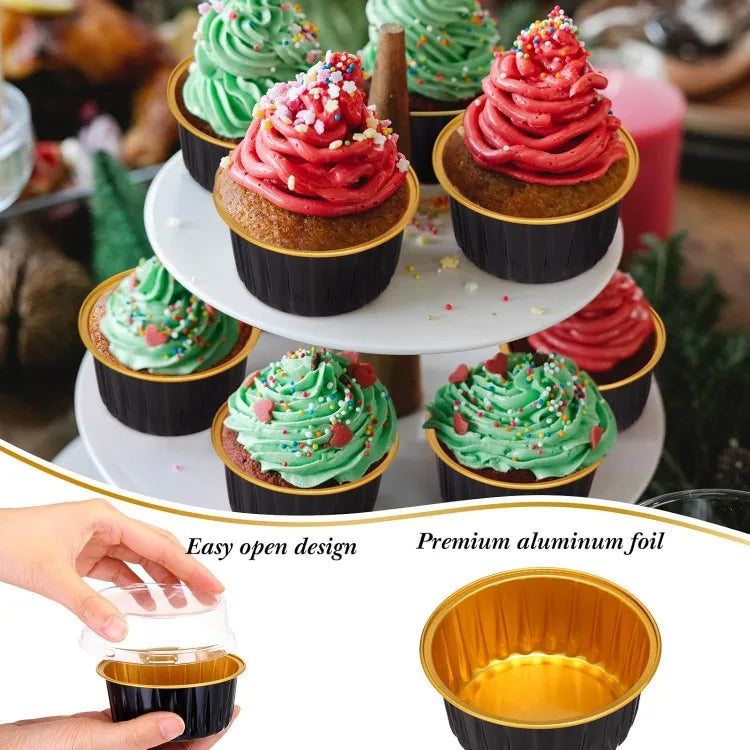 400 Pcs Aluminum Foil Baking Cups with Lids 5 Oz Disposable Ramekins Mini Cake Pans Creme Brulee Cupcake Liners Muffin Tins Flan Mold Dessert Containers for Wedding Birthday Party