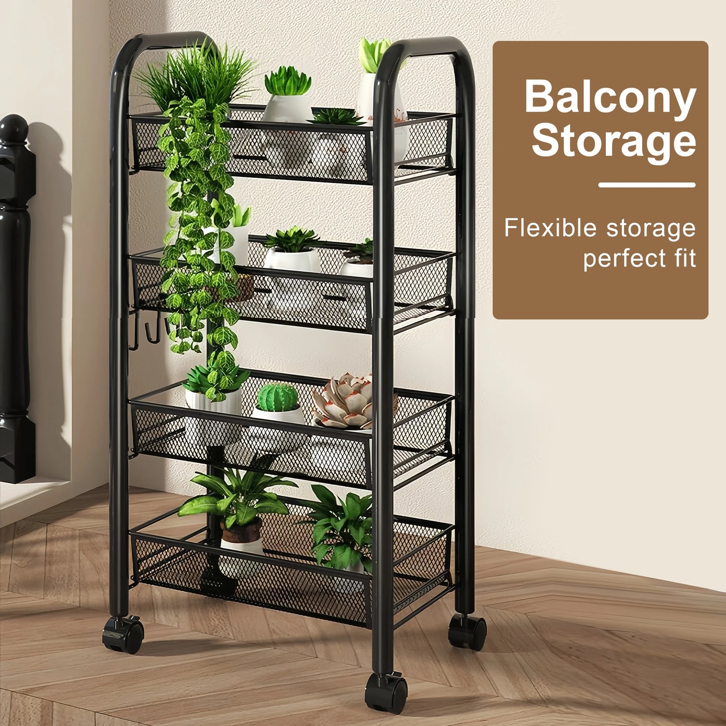 Multilayer Kitchen Storage Rack Metal Utility Cart Stackable with Wheels Multifunctional Shelf for Fruits and Vegetables
